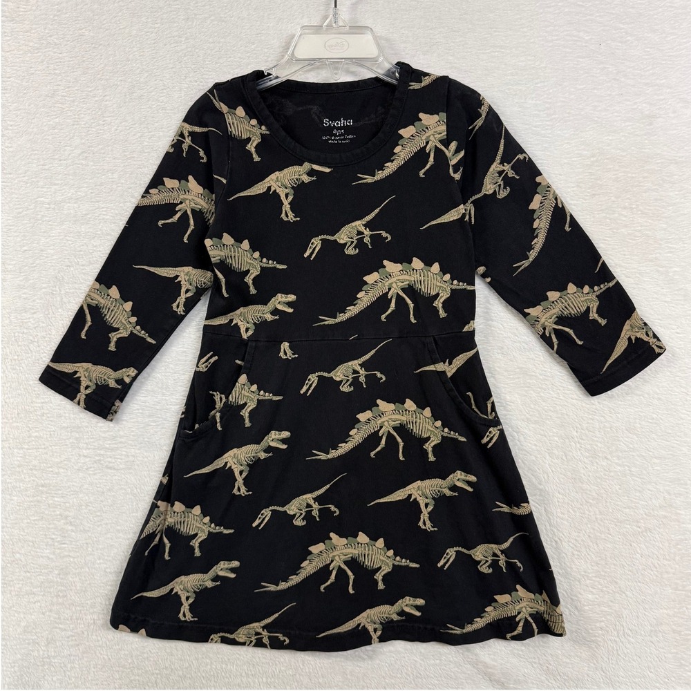 Svaha 4Y Girls Black Dinosaur Fossils Rosalind Print Dress STEM Organic Cotton